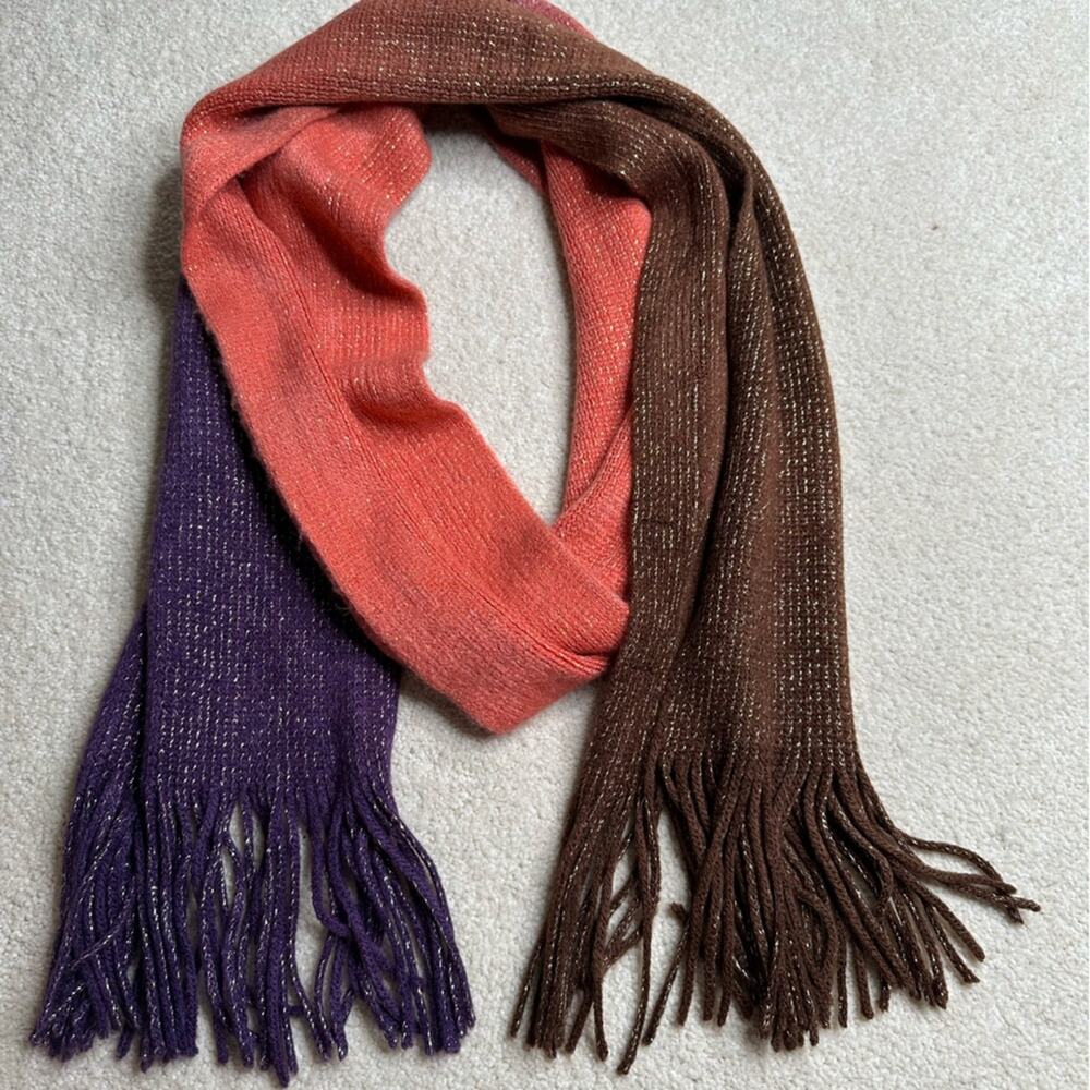 Cozy Purple and Orange Color-Blocked Scarf with Fringe